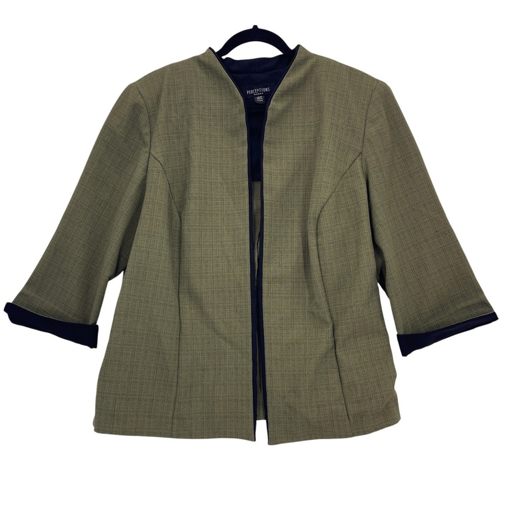 Perceptions Green Blazer 18W Open Front Shoulder Pads Textured 3/4 Sleeve